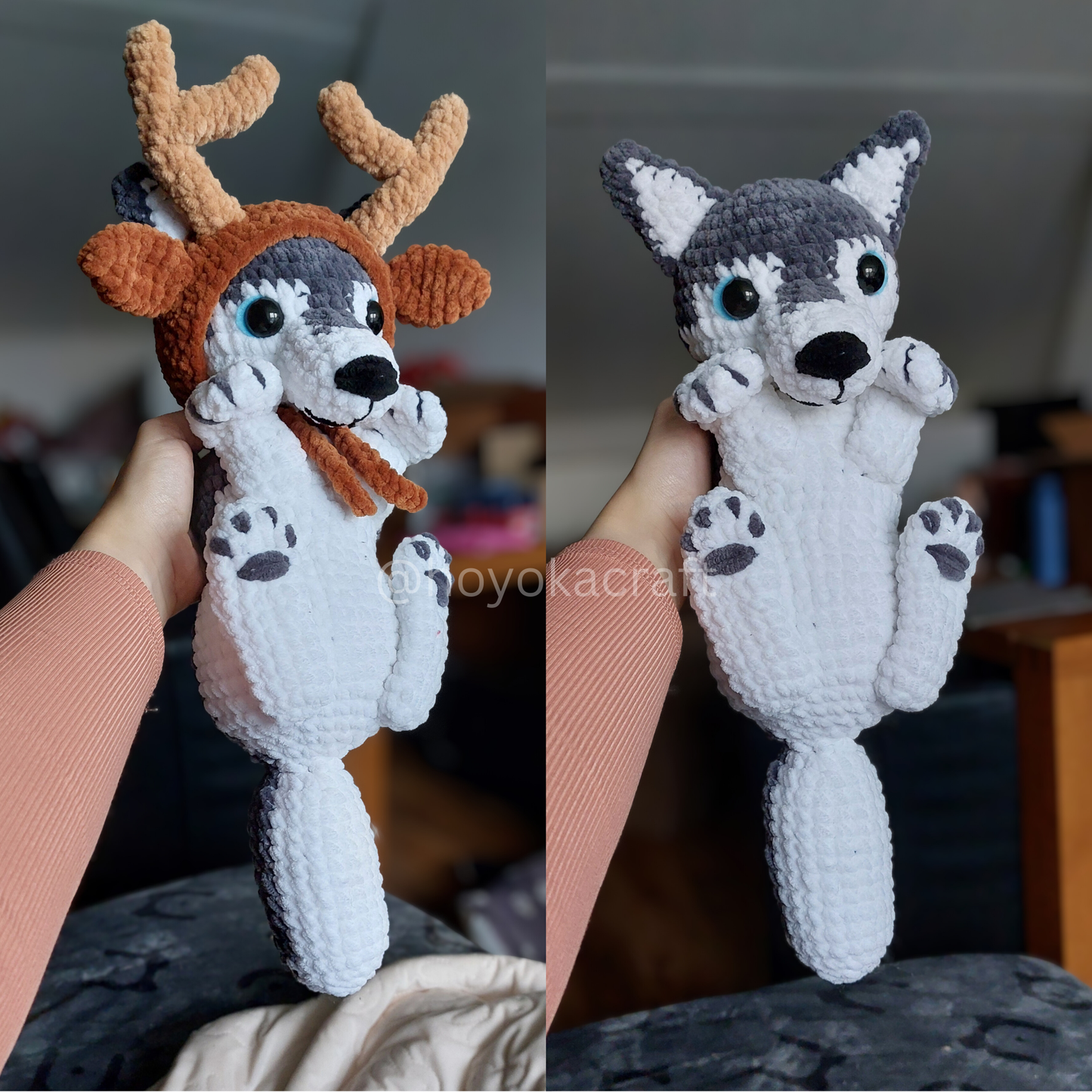 Husky in a reindeer hat - crochet plushie