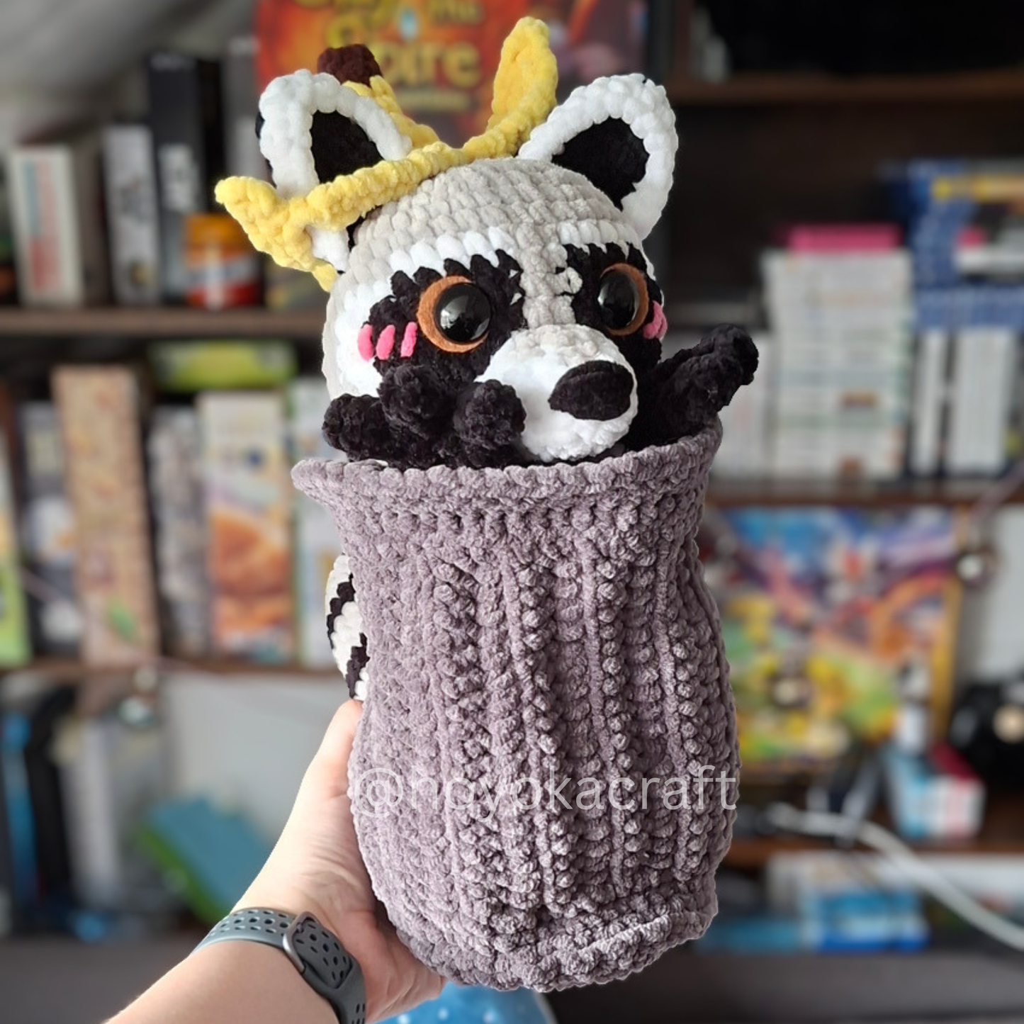 Raccoon Crochet Plush in a Trash Can