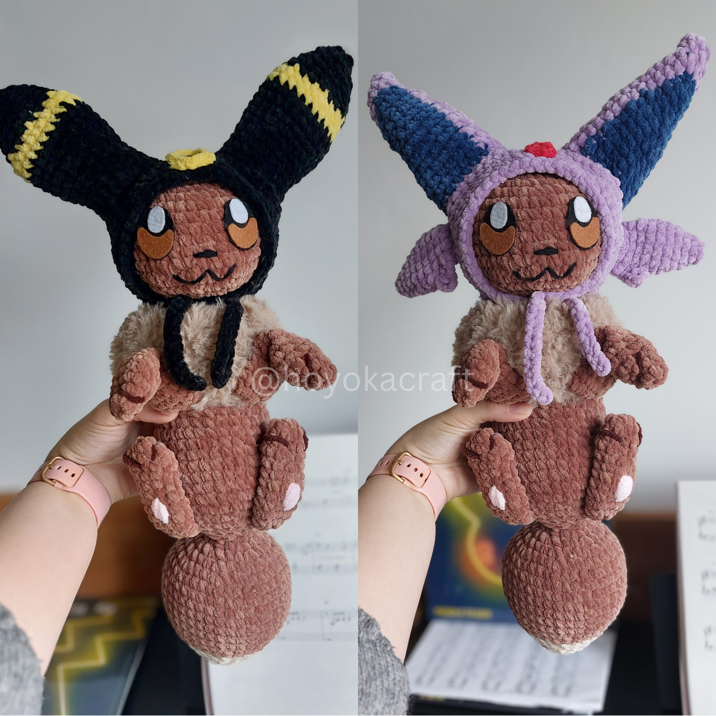 Eevee in a removable Umbreon and Espeon hat - crochet plushie