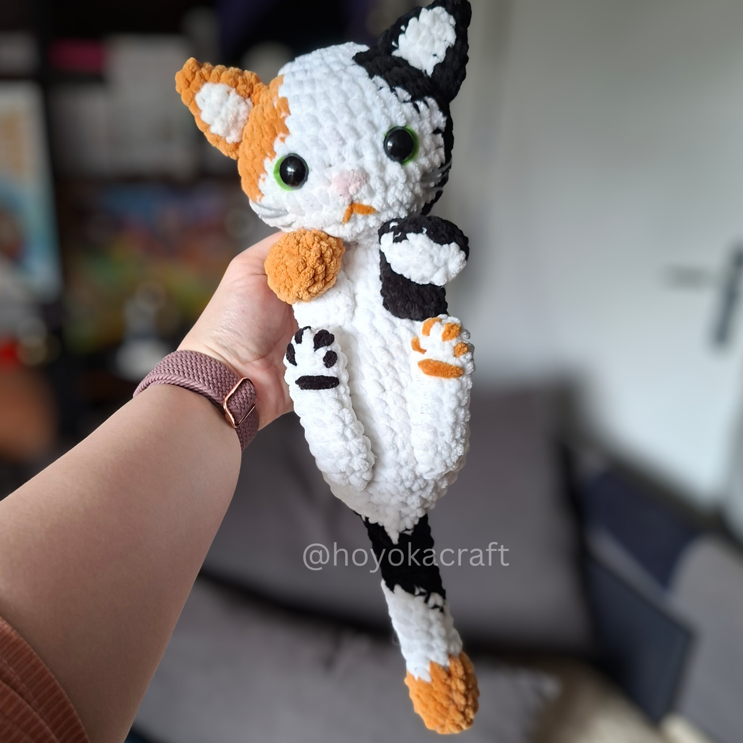 Calico Cat Crochet Plush in a Removable Axolotl Hat