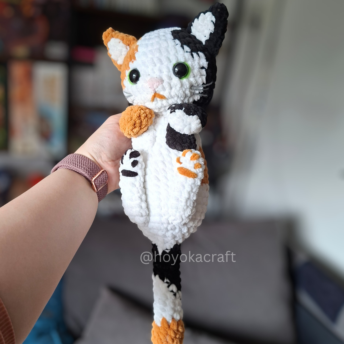 Calico Cat Crochet Plush in a Removable Axolotl Hat
