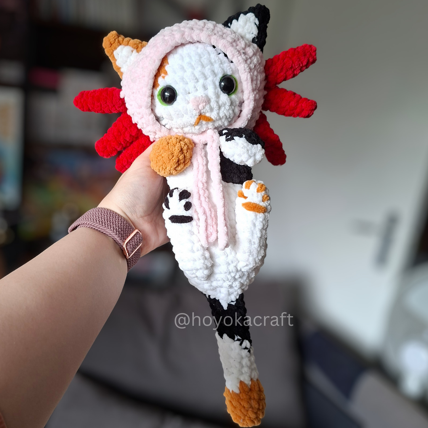 Calico Cat Crochet Plush in a Removable Axolotl Hat