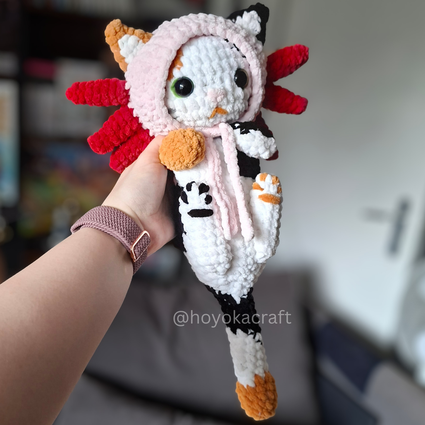 Calico Cat Crochet Plush in a Removable Axolotl Hat