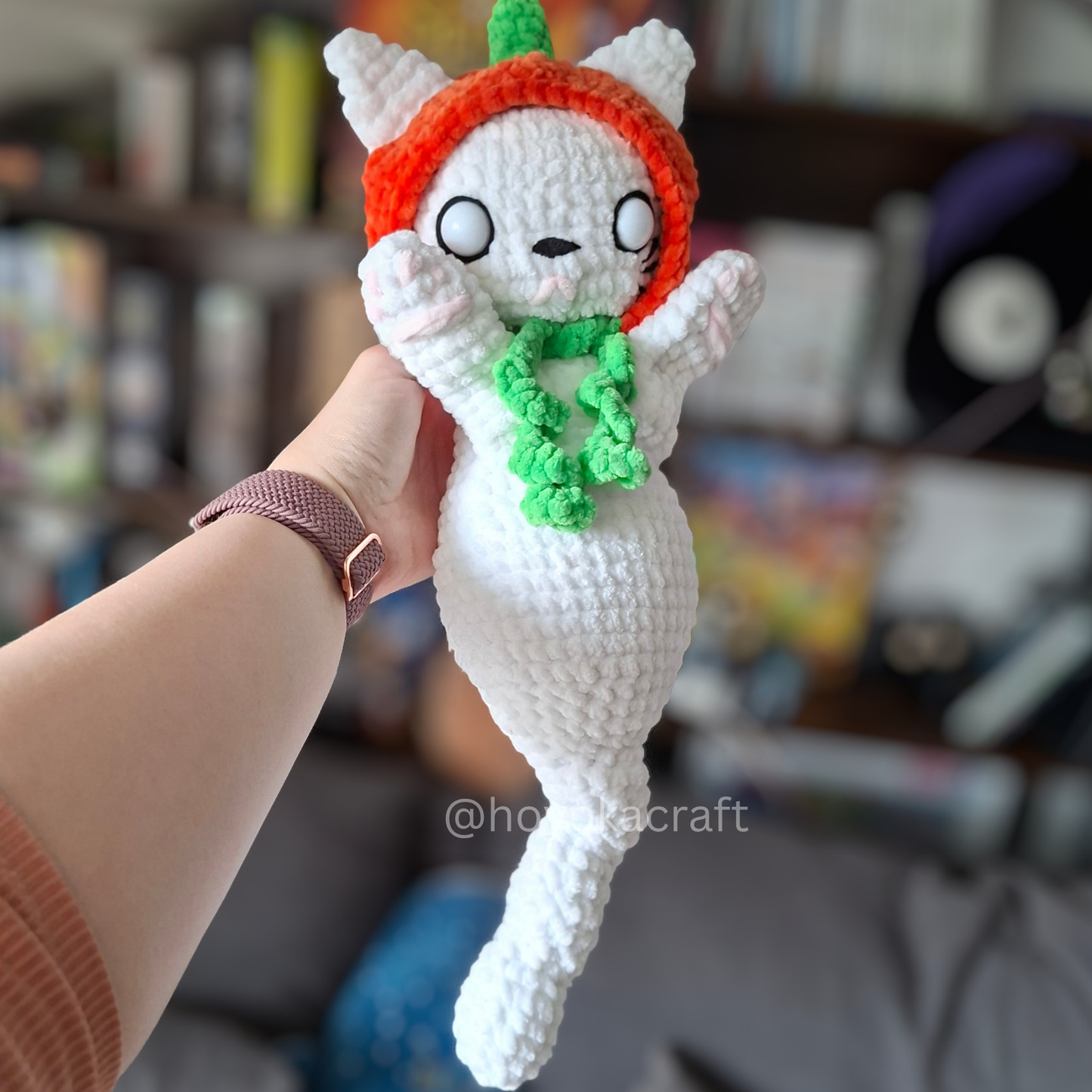 Ghost Cat Crochet Plush in a Removable Pumpkin Hat