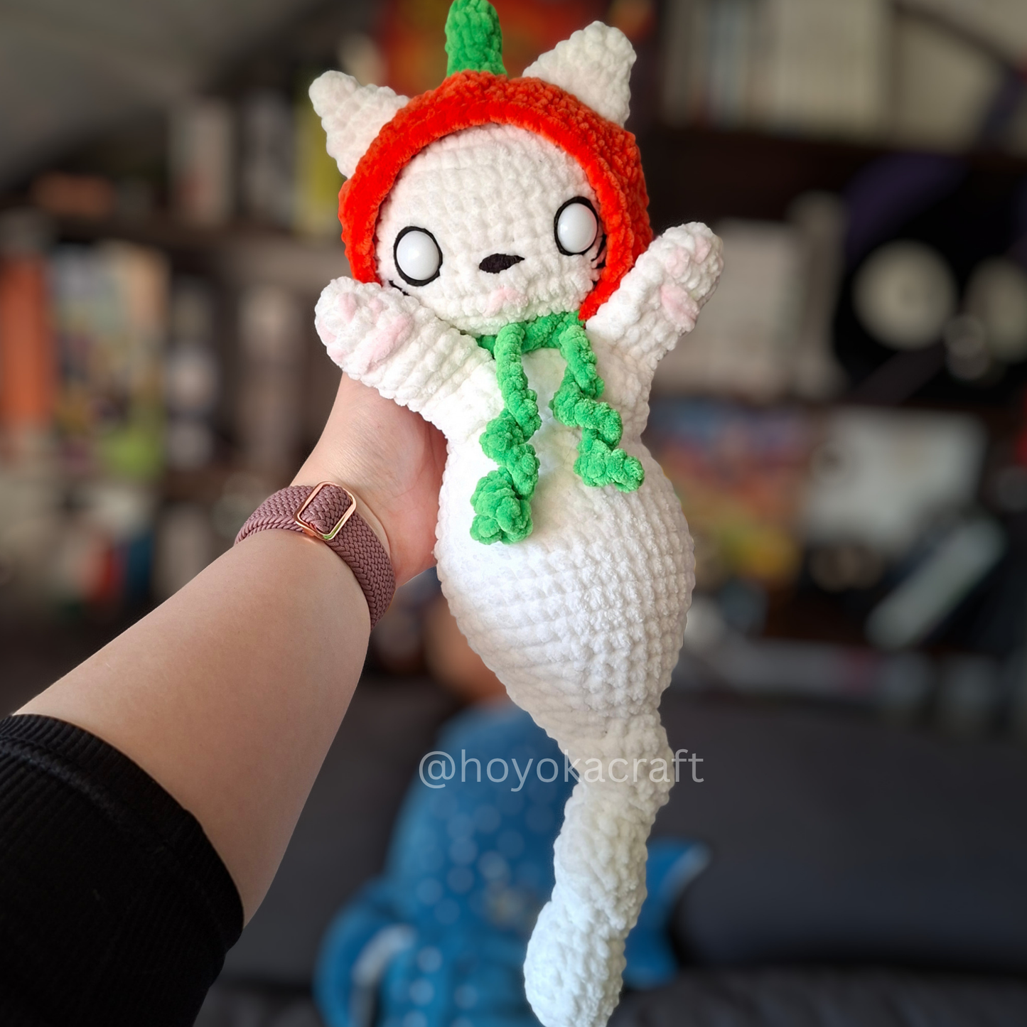 Ghost Cat Crochet Plush in a Removable Pumpkin Hat