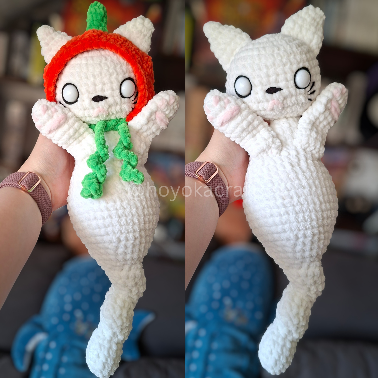 Ghost Cat Crochet Plush in a Removable Pumpkin Hat