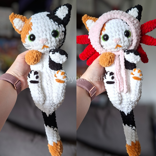 Calico Cat Crochet Plush in a Removable Axolotl Hat