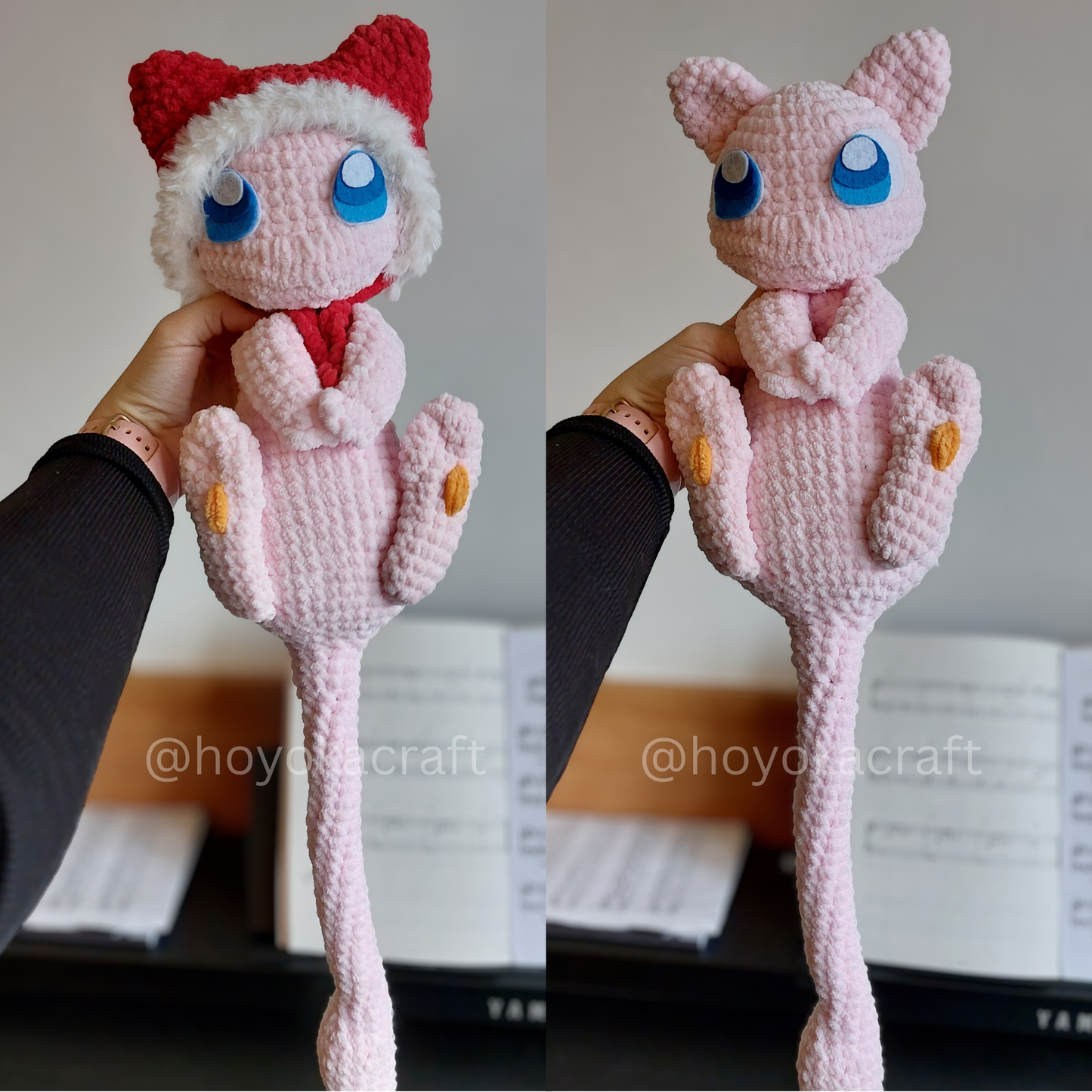 Mew in a Christmas cat hat - crochet plushie