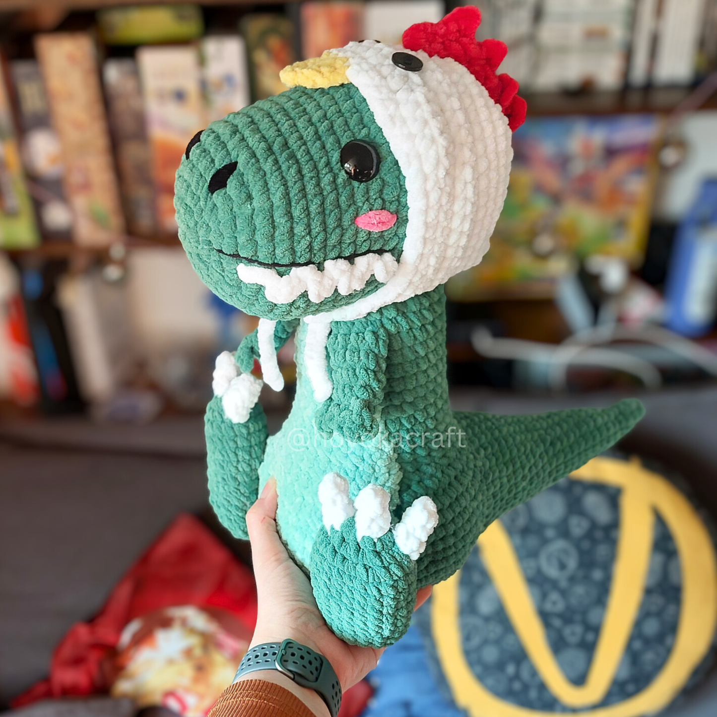 T-Rex Dinosaur Crochet Plush in a Removable Chicken Hat