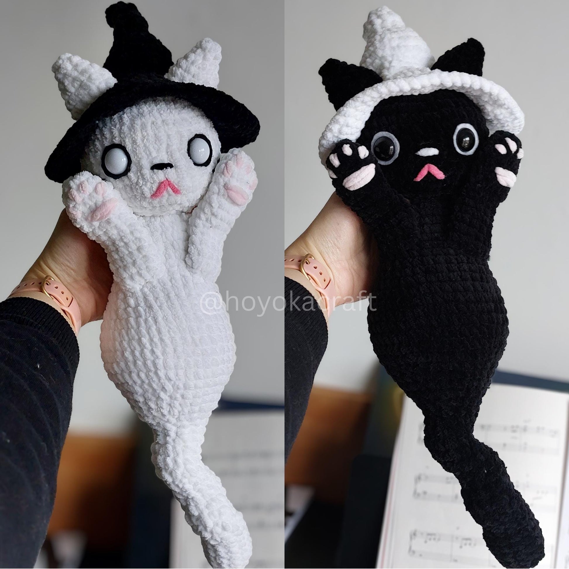 Ghost Kitty Crochet Amigurumi Plush in Removable Witch Hat - 2 colors